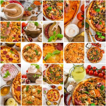 photo collage of different kinds of pizza