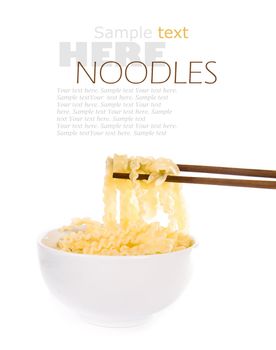 noodle with pinch chopsticks on white background