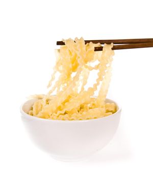 noodle with pinch chopsticks on white background