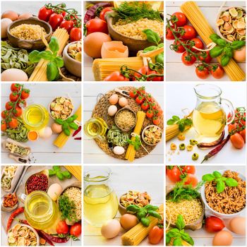 photo collage egg pasta vegetables and spices on the kitchen table