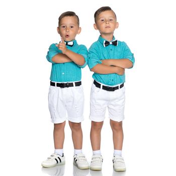 Two little brothers of Gemini together are sad. Isolated on white background