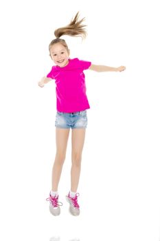 A little girl is jumping and waving her hands. The concept of a happy childhood, outdoor recreation. Isolated on white background.