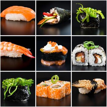photo collage of sushi on the table