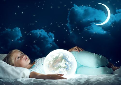 Cute girl in bed and looking at Earth planet. Elements of this image are furnished by NASA