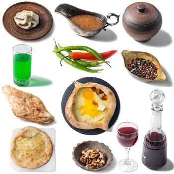 Set of georgian traditional foods, khachapuri, chebureki, khinkali, spices and pepper, drinks and red wine