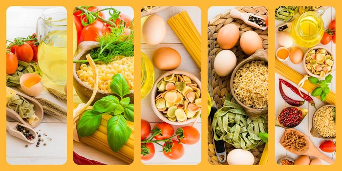 photo collage egg pasta vegetables and spices