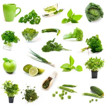green products collage isolated on white background