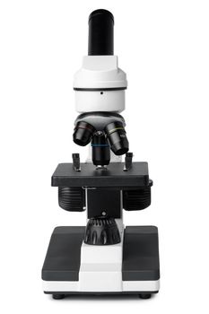 Scientific microscope isolated on white background, front view, close up