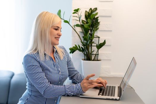 woman use Laptop. Student Researching Process Work. Young Business Woman Working Creative Startup modern Office. Analyze market stock, new strategy.
