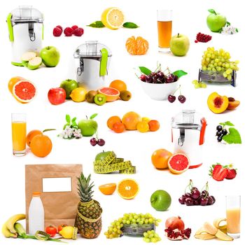 photo collage fruits and juices on a white background