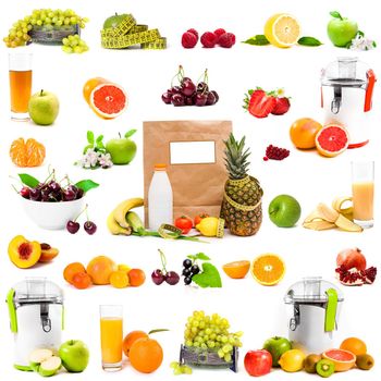 photo collage fruits and juices on a white background