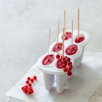 White container with homemade ice cream made from red currant berries, fresh and natural