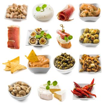 photo collage of spanish tapas isolated on white background