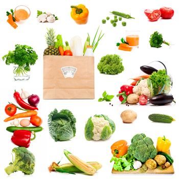 photo collage of vegetables and spices on a white background