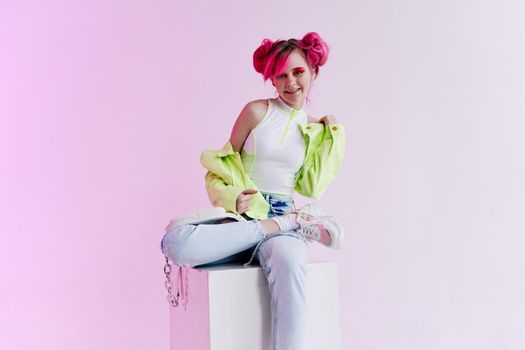 girl with pink hair teen posing fashion neon. High quality photo