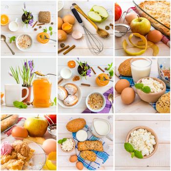 collage of photos breakfasts on white wooden background