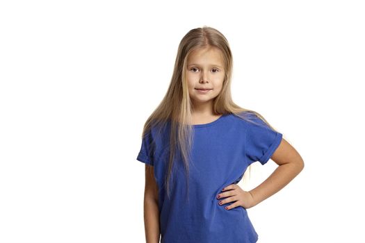 Portrait of adorable little girl isolated on a white background. in blue t-short with long white hair