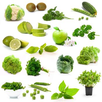 collage green vegetables and fruits on white background