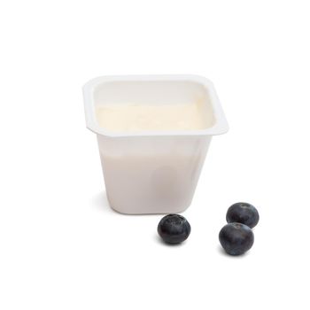 Blueberry yogurt in a plastic jar on a white background