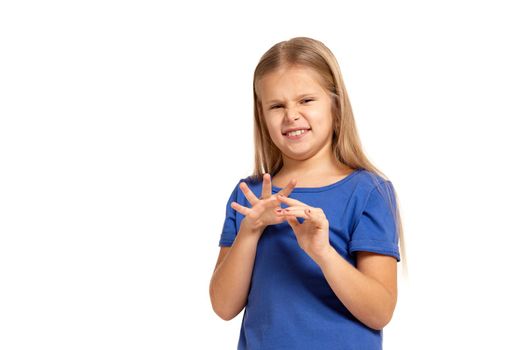 Portrait of adorable little girl isolated on a white background. in blue t-short with long white hair, disgust