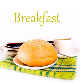 coffee and newly baked bread on a white background