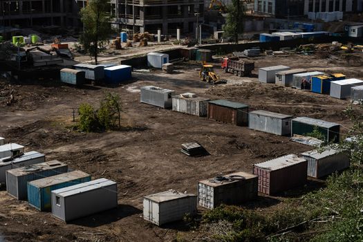 Construction trailers for workers at the new construction site. Mobile containers and cabins base for the site manager and employees.
