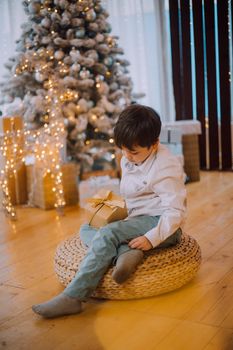 A boy with a New Year's gift under the tree lifestyle. New Year and Christmas. Festive decoration. New Year's gift