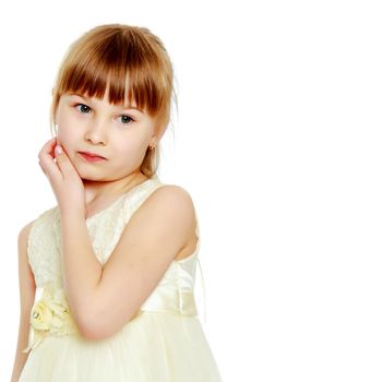 Sad little girl concept of the meaning of life and psychological adaptation of the child in the family and society. Isolated over white background