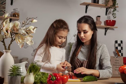 Happy loving family are cooking together. Gorgeous mum and her child are making a vegetable salad and having fun at the kitchen, against a white wall with shelves and bulbs on it. Homemade food and little helper.