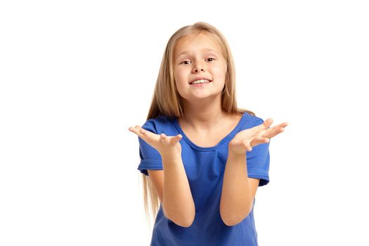 Portrait of adorable little girl isolated on a white background. in blue t-short with long white hair questioning