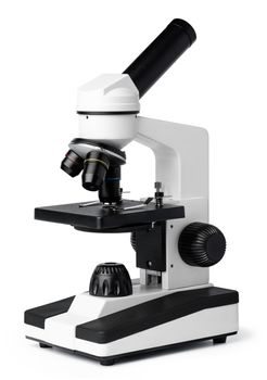 Scientific microscope isolated on white background, front view, close up