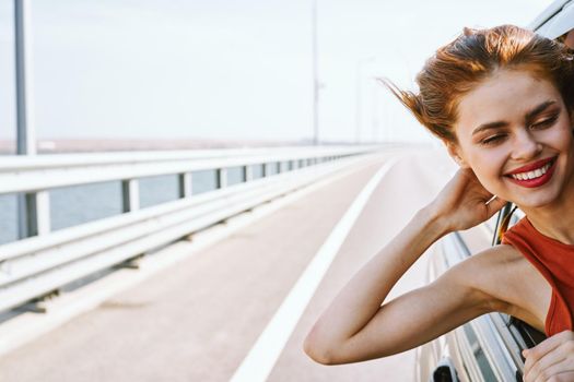 joyful woman trip travel fun vacation nature. High quality photo