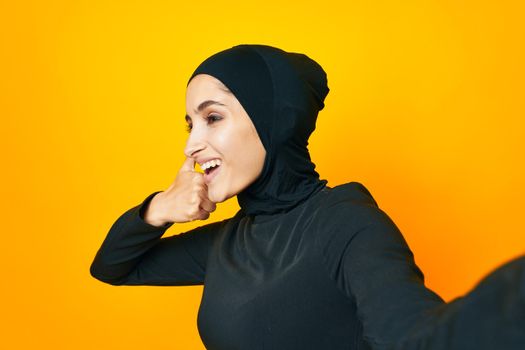 arab woman fun ethnicity model posing emotions studio lifestyle. High quality photo
