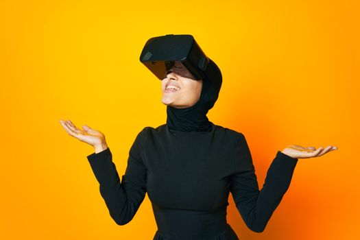 pretty woman virtual reality glasses entertainment isolated background. High quality photo