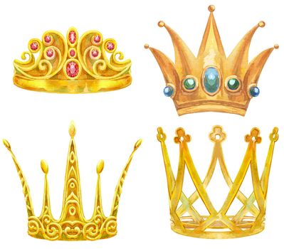 Set of watercolor gold crowns with intertwining decorative elements
