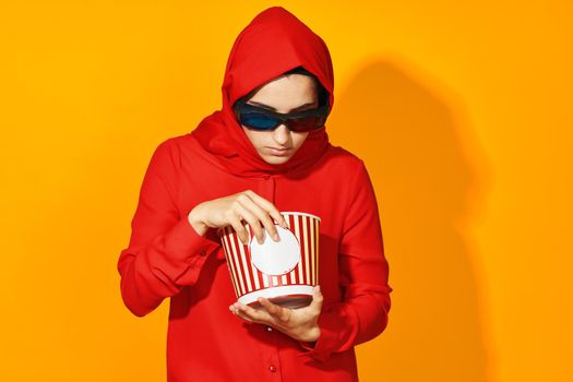 woman in red hijab virtual reality movie fashion fun movie isolated background. High quality photo