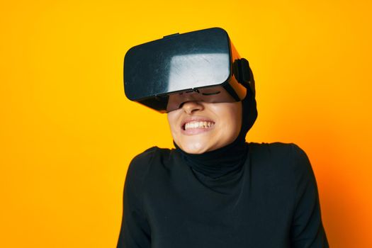 cheerful woman technology simulator device gaming studio lifestyle. High quality photo