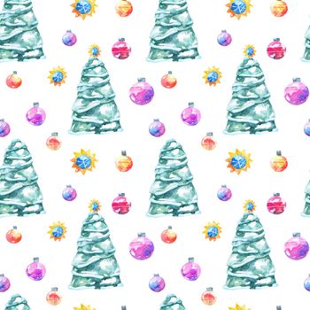 Watercolor illustration of christmas tree with decorations on white background - seamless pattern