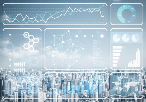 Stock market data on background of modern cityscape. Virtual interface of online trading platform. Digital economic indexes, complex financial analytics and statistics. Data analysis service.