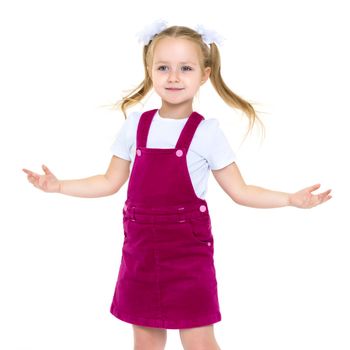 Beautiful little girl close-up. The concept of beauty and fashion, happy childhood. Isolated on white background.