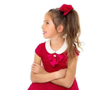 Beautiful little girl In a red dress. close-up. The concept of beauty and fashion, happy childhood. Isolated on white background.