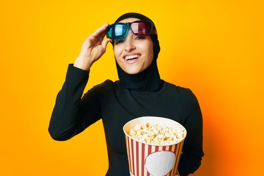 arab woman 3D glasses entertainment emotions ethnicity model. High quality photo