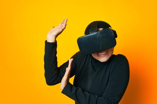 pretty woman virtual reality glasses entertainment isolated background. High quality photo