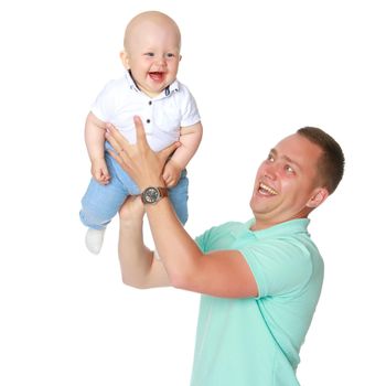 Dad holds the baby in his arms. The concept of educating the father of young children, Happy childhood, a friendly family. Isolated on white background.