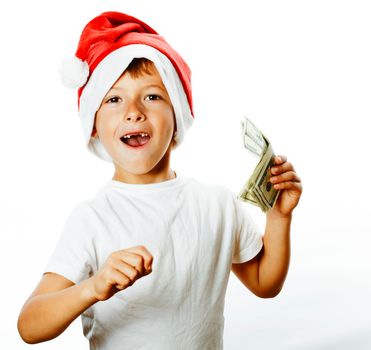 little cute boy in santas red hat isolated with cash american dollars thumbs up closeup