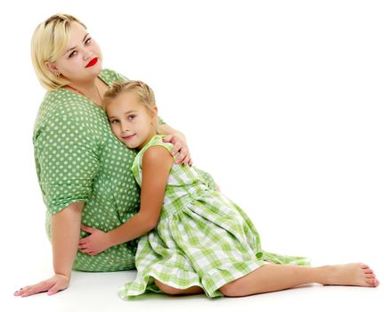 Happy family mom and little daughter, studio portrait on white background.Isolated.