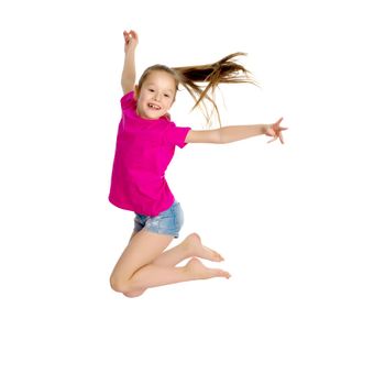 A little girl is jumping and waving her hands. The concept of a happy childhood, outdoor recreation. Isolated on white background.