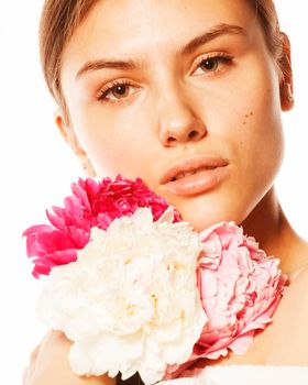 young beauty woman with flower peony pink closeup makeup soft tender gentle look on white