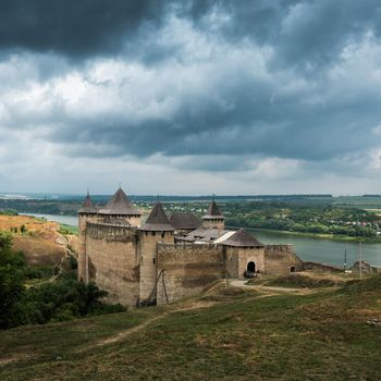 scenic view on Ukrainian Khotyn Fortress on a rainy day