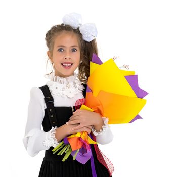 Little girl with a beautiful bouquet of flowers. The concept of holidays, family and children. Isolated on white background.